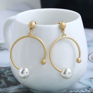 Brushed Gold Open Hoop Pearl Dangle Drop Earrings